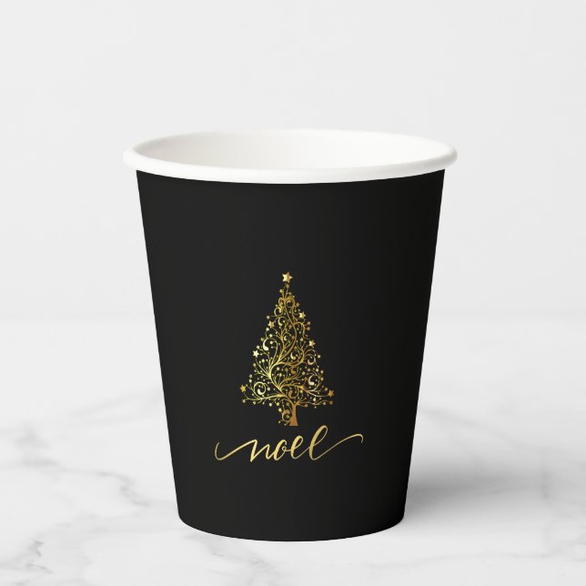 Vasos De Papel Elegante Noel de Árbol de Navidad Negro y Oro (Anverso)