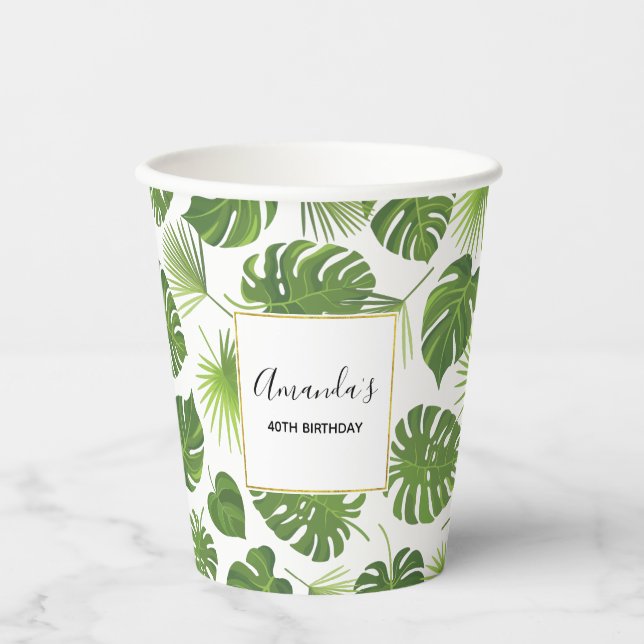 Vasos De Papel Elegante patrón de hojas tropicales verdes (Anverso)