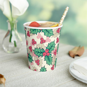 Vasos De Papel Elegante patrón floral vintage navideño holly  