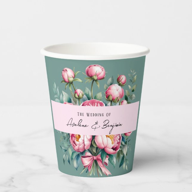 Vasos De Papel Elegante Peony Bouquet en Boda acuarela (Anverso)