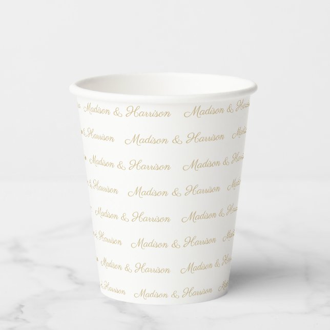 Vasos De Papel Elegante Personalizado blanco dorado guión  nombre (Anverso)
