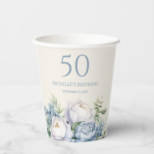Vasos De Papel Elegante Polvo Azul Blanco Floral 50 Cumpleaños No