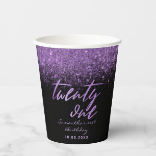 Vasos De Papel Elegante Purpurina 21 de cumpleaños negro y morado
