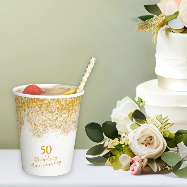 Vasos De Papel Elegante Purpurina de Faux Gold 50 aniversario Bod (Elegant Faux Gold Glitter 50th Wedding Anniversary Paper Cups)