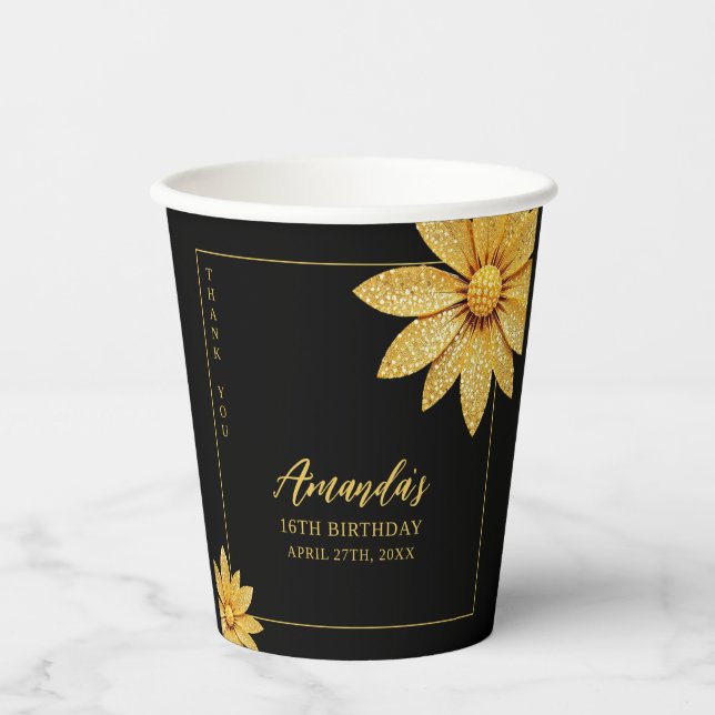 Vasos De Papel Elegante Purpurina de oro dulce de flores 16 cumpl (Anverso)