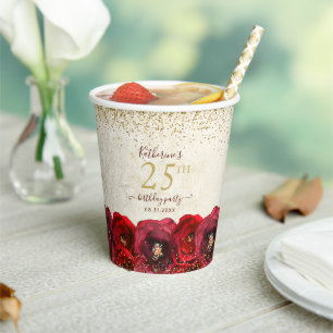 Vasos De Papel Elegante Red Rose Floral Gold Fiesta de cumpleaños