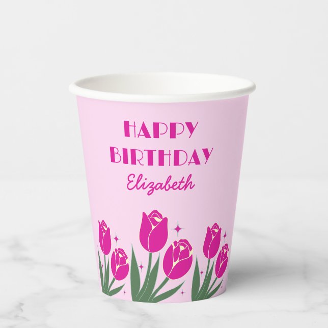 Vasos De Papel Elegante retro Tulip Floral Aniversario rosa (Anverso)