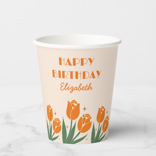 Vasos De Papel Elegante retro Tulip Floral Naranja Cumpleaños (Anverso)