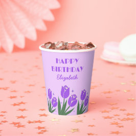 Vasos De Papel Elegante Retro Tulip Floral Purple Cumpleaños