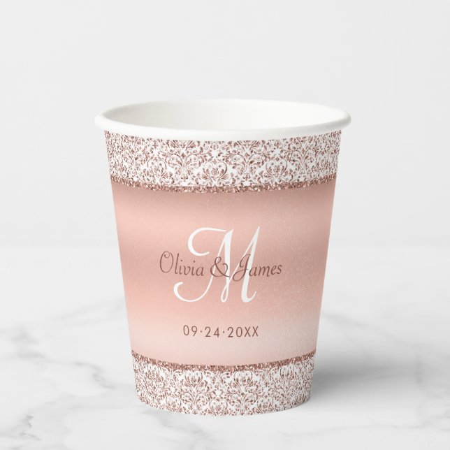 Vasos De Papel Elegante Rosa Damask Monograma dorado Boda (Anverso)