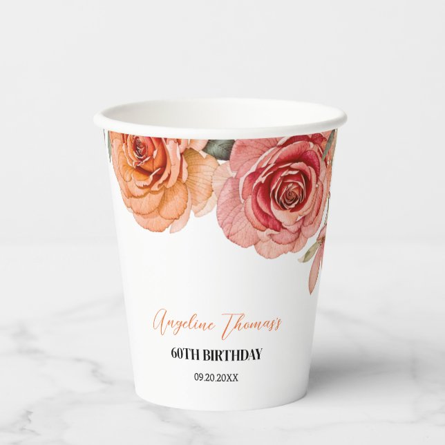 Vasos De Papel Elegante Rosa Naranja Rojo Floral Cumpleaños (Anverso)