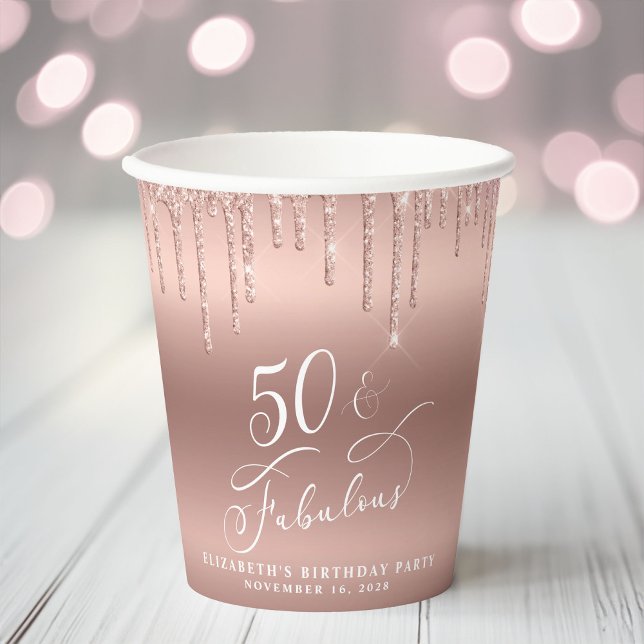Vasos De Papel Elegante Rosa Purpurina de Oro 50 cumpleaños (Subido por el creador)