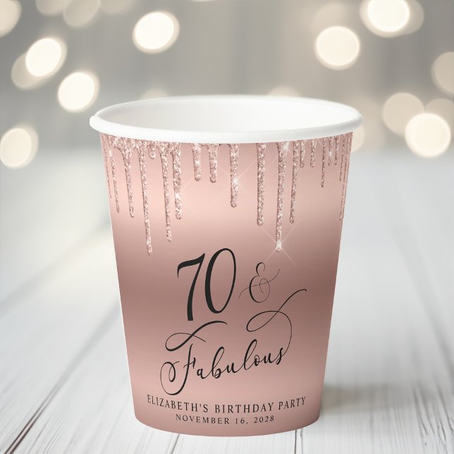 Vasos De Papel Elegante Rosa Purpurina de Oro 70 cumpleaños (Subido por el creador)