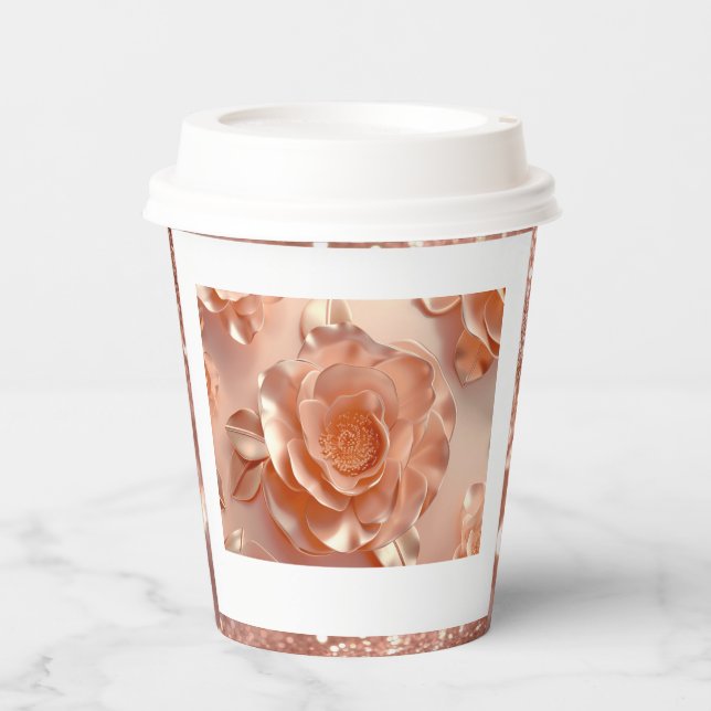 Vasos De Papel Elegante Rosa Rosa de oro Copa de Papel Purpurina (Anverso)