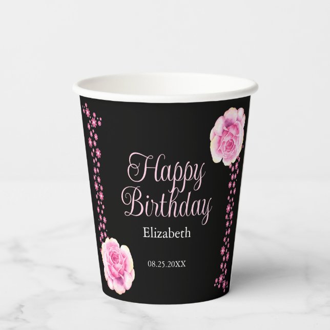 Vasos De Papel Elegante rosa rosa floral negro gracias (Reverso )