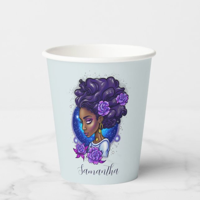 Vasos De Papel Elegante Rosas púrpuras afromujer (Anverso)