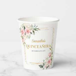 Vasos De Papel Elegante Rubor floral eucalipto quinceanera oro