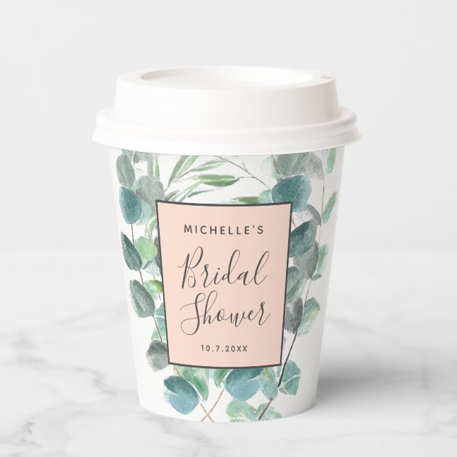 Vasos De Papel Elegante Rubor Rosa Eucalyptus Bridal Shower Nombr (Anverso)