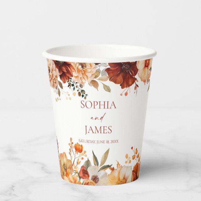 Vasos De Papel Elegante Rústico Otoño Floral Boda (Anverso)