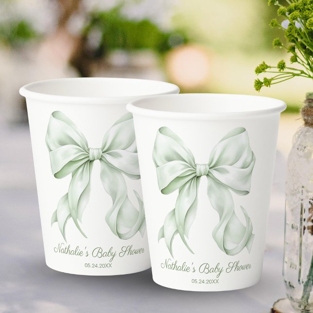 Vasos De Papel Elegante Sage Green Bow Baby Shower (Subido por el creador)