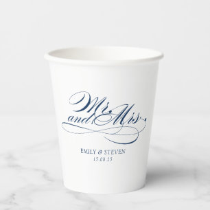 Vasos De Papel Elegante Sr. y boda de caligrafía azul de la Mari