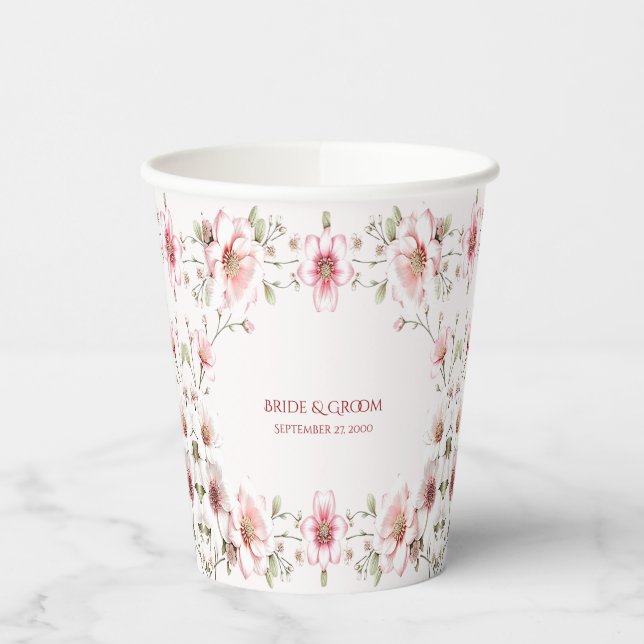 Vasos De Papel Elegante taza de papel floral blanco rosado (Izquierda)