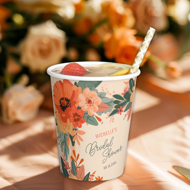 Vasos De Papel Elegante Terracota Floral Bridal Shower (A floral paper cup with a drink, a straw, and fruit slices, labeled "MICHELLE'S Bridal Shower.)