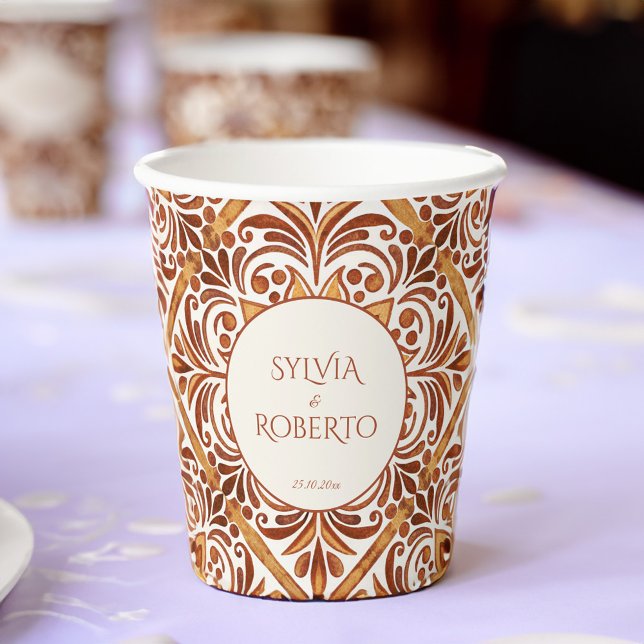 Vasos De Papel Elegante Terracota Mexicana Talavera boda (Elegant Terracotta Talavera vintage Mexican wedding monogrammed Paper Cups personalized tableware)