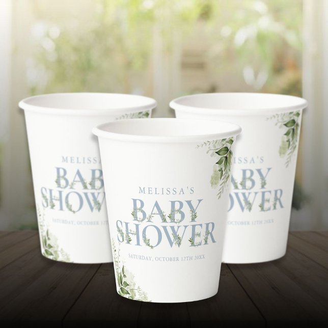 Vasos De Papel Elegante vegetación Dusty Blue Baby Shower (Elegant Greenery Dusty Blue Baby Shower Paper Cups)