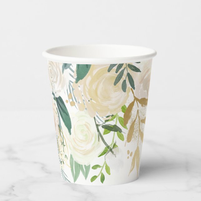 Vasos De Papel Elegante vegetación floral blanca y dorada (Anverso)