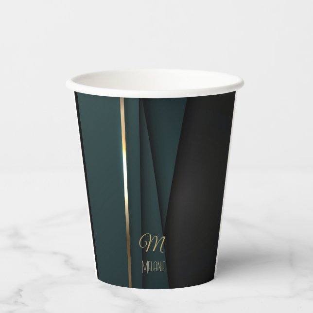 Vasos De Papel Elegante y lujoso Monograma de Oro Verde Oscuro (Anverso)