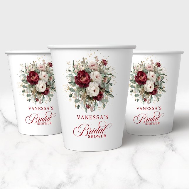 Vasos de Papel Elegantes Florales Rojo Intenso par (Stylish Deep Red Floral Bridal Shower Paper Cups)