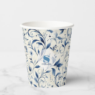 Vasos De Papel Elegantes hojas de paisley azul - fondo blanco (2)