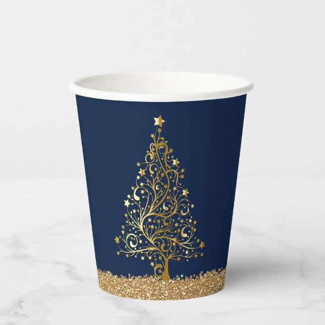 Vasos De Papel Elegantes Navidades Purpurina de Oro Azul Año Nuev (Anverso)