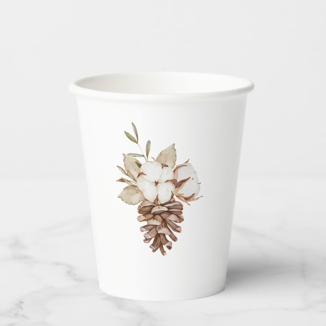 Vasos De Papel Elegantes Navidades Rústicos de Algodón y Pinecone (Anverso)