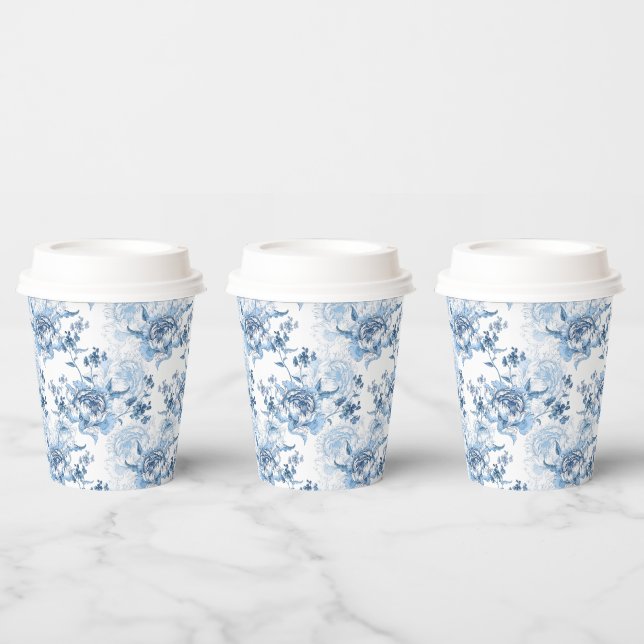 Vasos De Papel Elegantes Peonies con grabado azul y blanco (Multi)