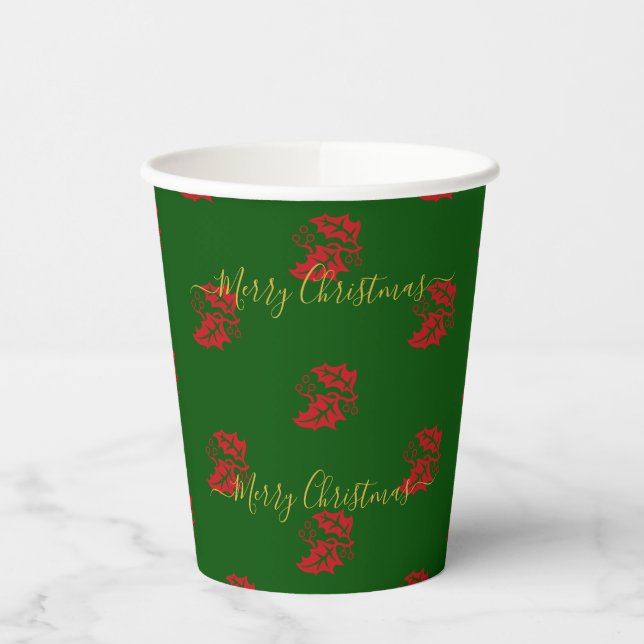 Vasos De Papel Elegantes Personalizados verdes Navidades Holly (Izquierda)