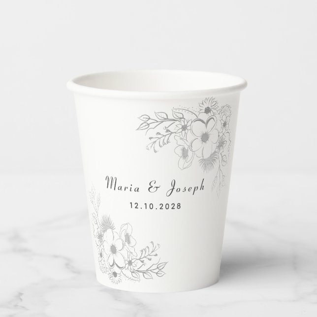 Vasos De Papel Elegantes tazas de papel Boda azul turbio y floral (Anverso)