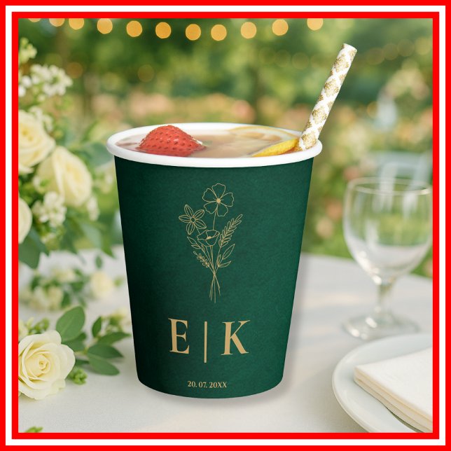 Vasos De Papel Emerald Green & Gold Monogram Wildflower Wedding (Subido por el creador)