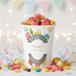 Vasos De Papel En el camino vehículos felices cumpleaños del niño