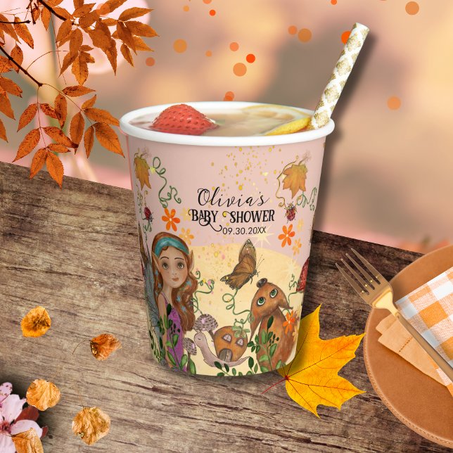 Vasos De Papel Encantado Personalizado de Baby Shower para produc (Enchanted Autumn Fairy Baby Shower Custom Paper Cups)