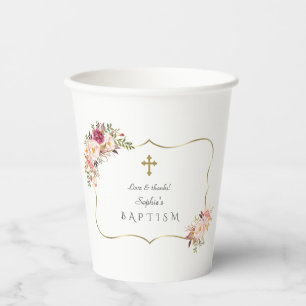Vasos De Papel Encantador marco dorado bautismo floral rosa Rubor