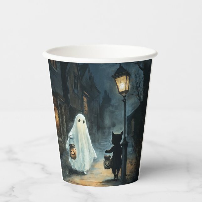 Vasos De Papel Encuentro de Fantasma y Gato de Halloween (Anverso)