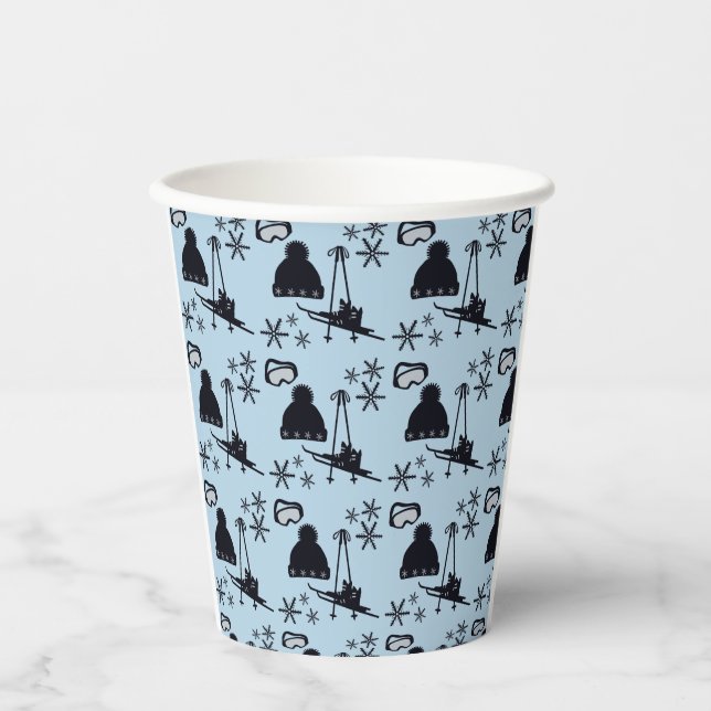 Vasos De Papel Equipo de esquí negro y copos de nieve en azul (Anverso)
