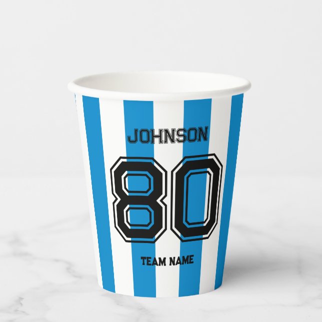 Vasos De Papel Equipo Deportivo Azul Nombre personalizado Número  (Anverso)