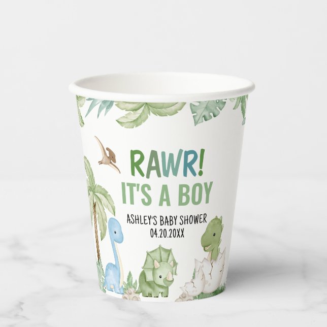 Vasos De Papel Es el Baby Shower de un niño dinosaurio (Anverso)