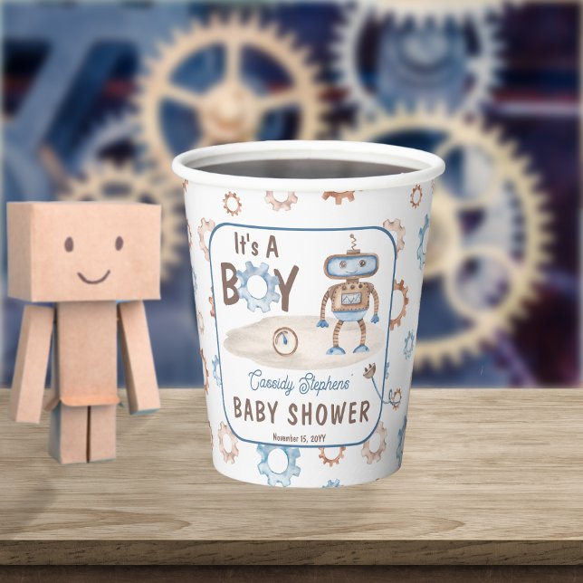 Vasos De Papel Es un azul chiquito | Baby Shower Greige Robot (It's A Boy Cute Blue and Greige Robot Baby Shower Paper Cups)