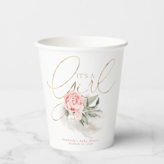 Vasos De Papel Es un Chica Baby Shower de pampas de flores rosada (Anverso)