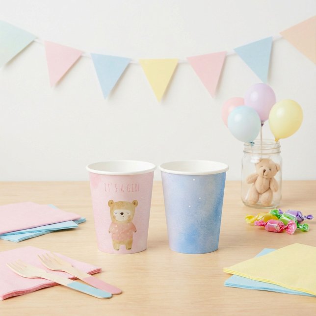 Vasos De Papel Es un Chica pastel lindo Bear rosa Baby Shower (It’s a Girl pastel cute Bear Pink Baby Shower Paper Cups.)