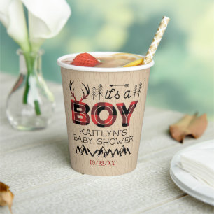 Vasos De Papel ¡Es un chico! Rustic Plaid Lumberjack Baby Shower